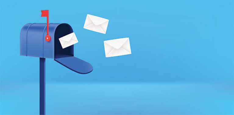 A dark blue mailbox with white envelops coming out of it, against a light blue background.