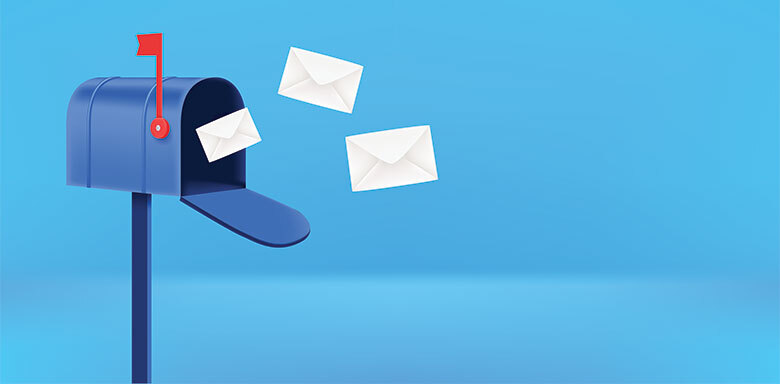 A dark blue mailbox with white envelops coming out of it, against a light blue background.